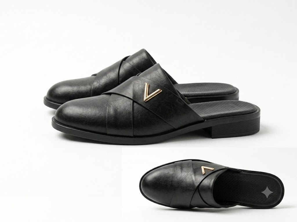 Mens Premium Black Slip On Mule Loafers with Metal V Accent