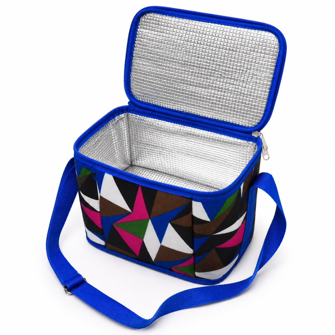 Insulated Geometric Print Lunch Bag with Shoulder Strap    Blue Trim