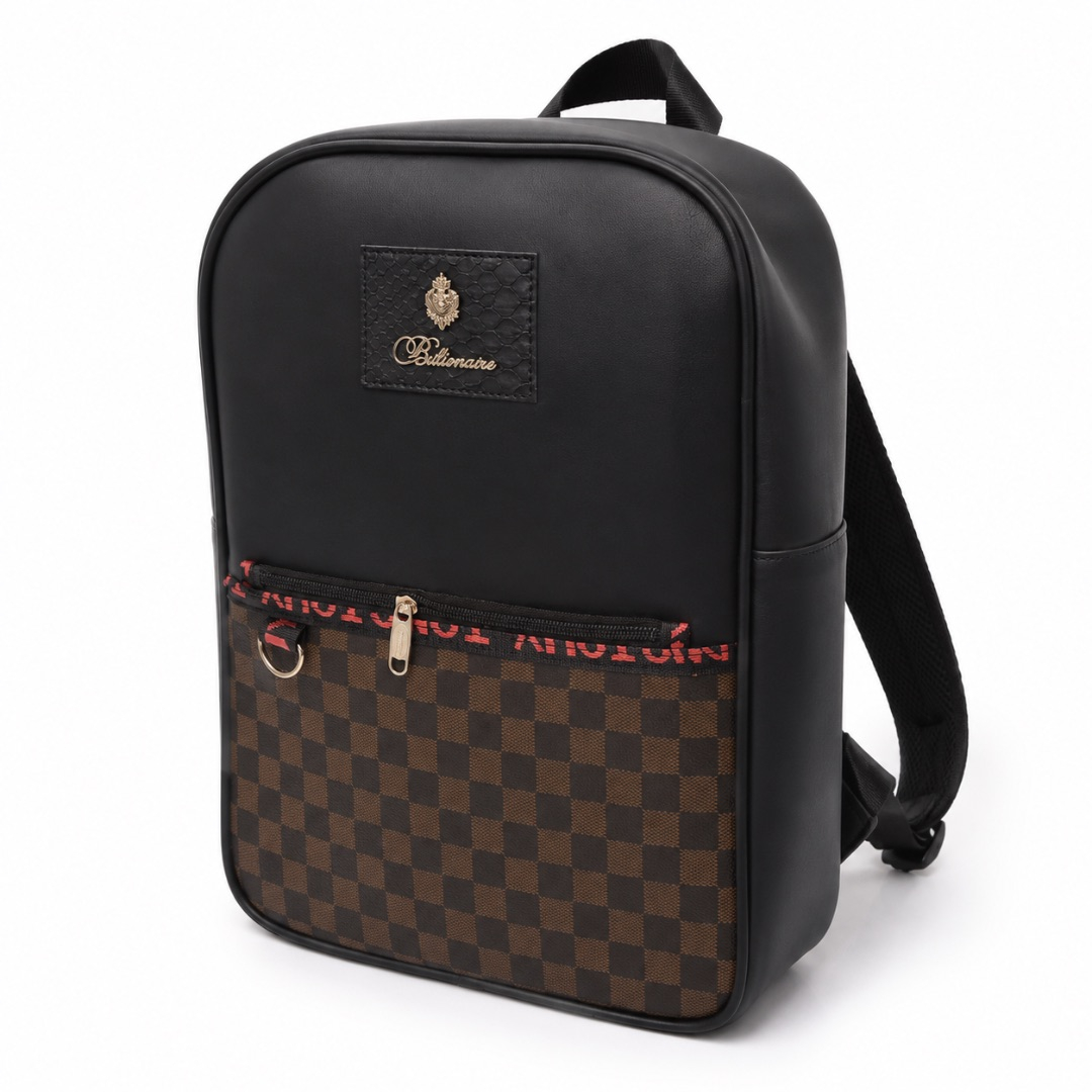Fashion Travel Backpack with Checkered Front Pocket     Black and Brown