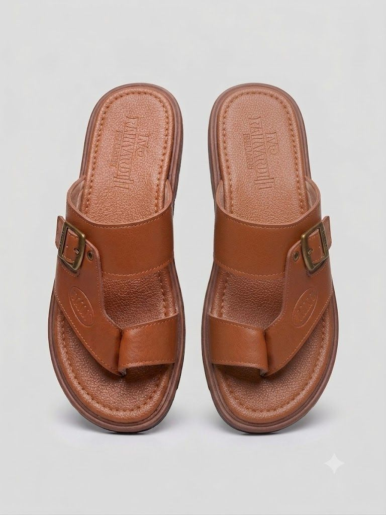 Mens Premium Brown Double Strap SlipOn Comfort Sandals with Adjustable Buckle