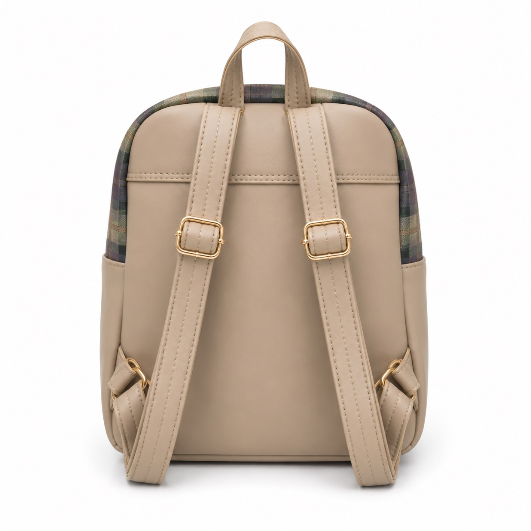 Plaid Mini Backpack with Front Zipper Pocket    Beige