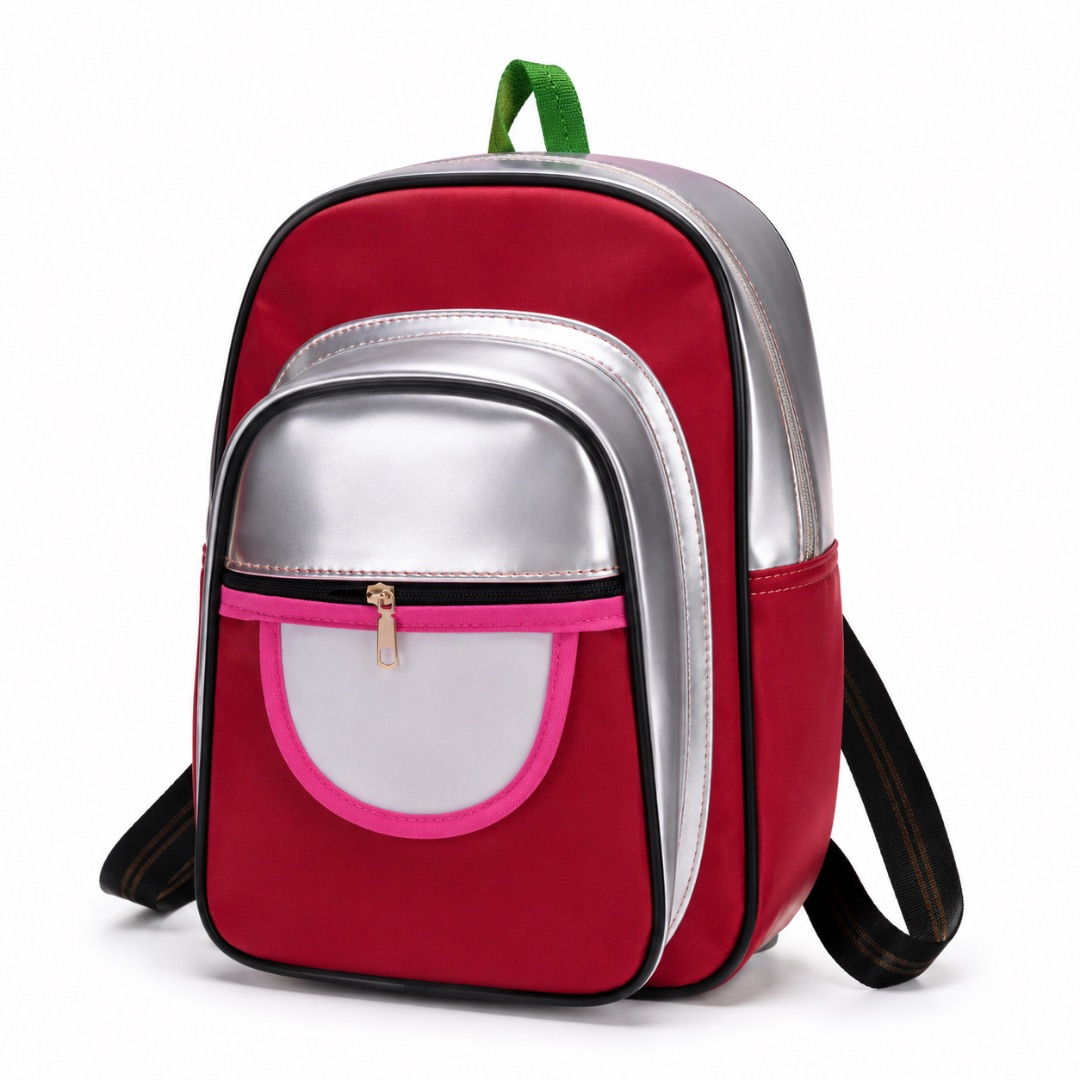 Mini Fashion Backpack with Front Pocket    Red Silver and Pink