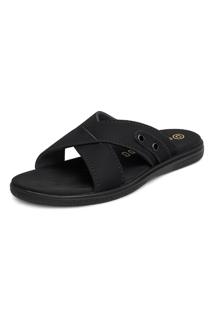 Mens Silver & Gold Black Cross Strap Slide Sandals