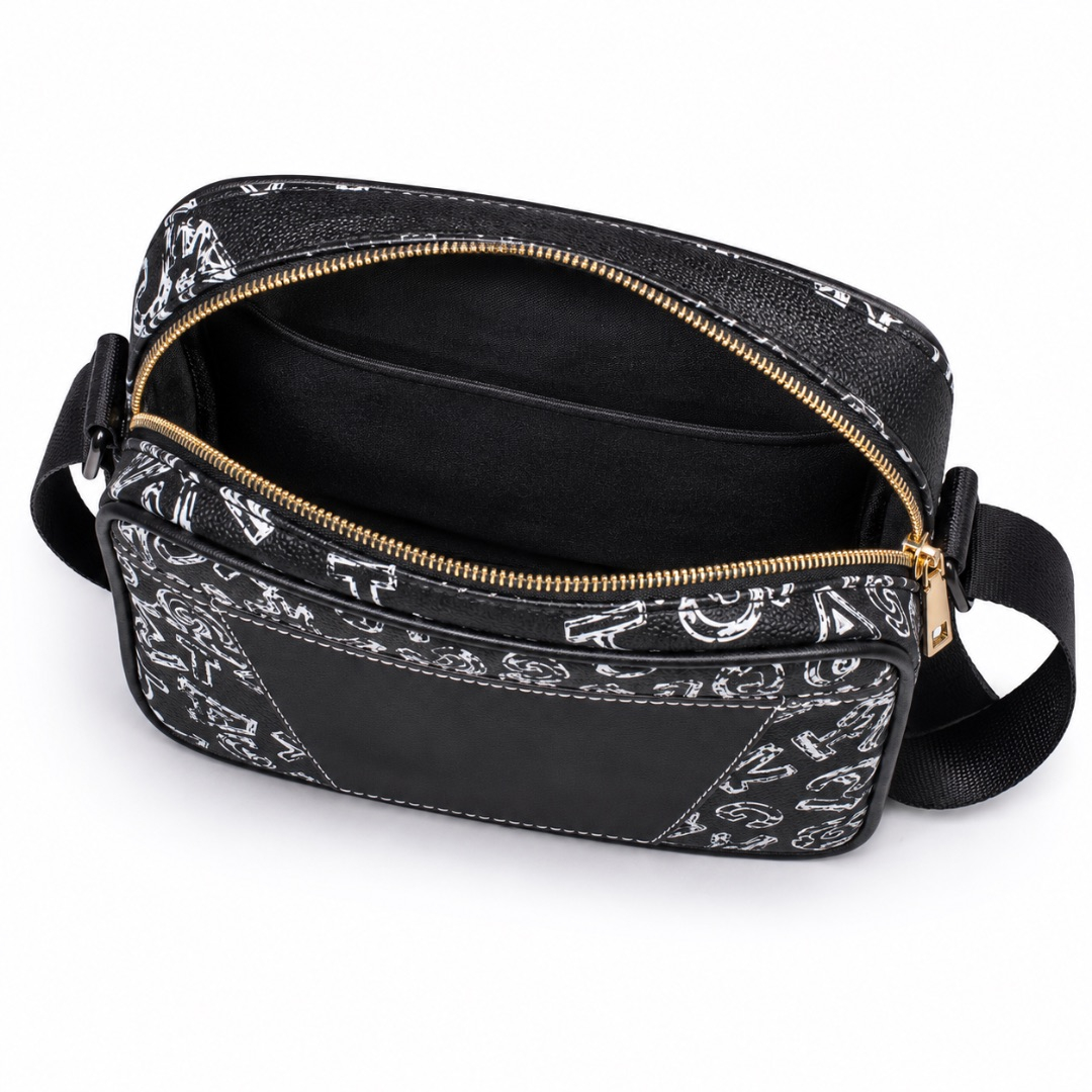 Premium Printed Crossbody Shoulder Bag     Black Multi Pocket Sling Bag