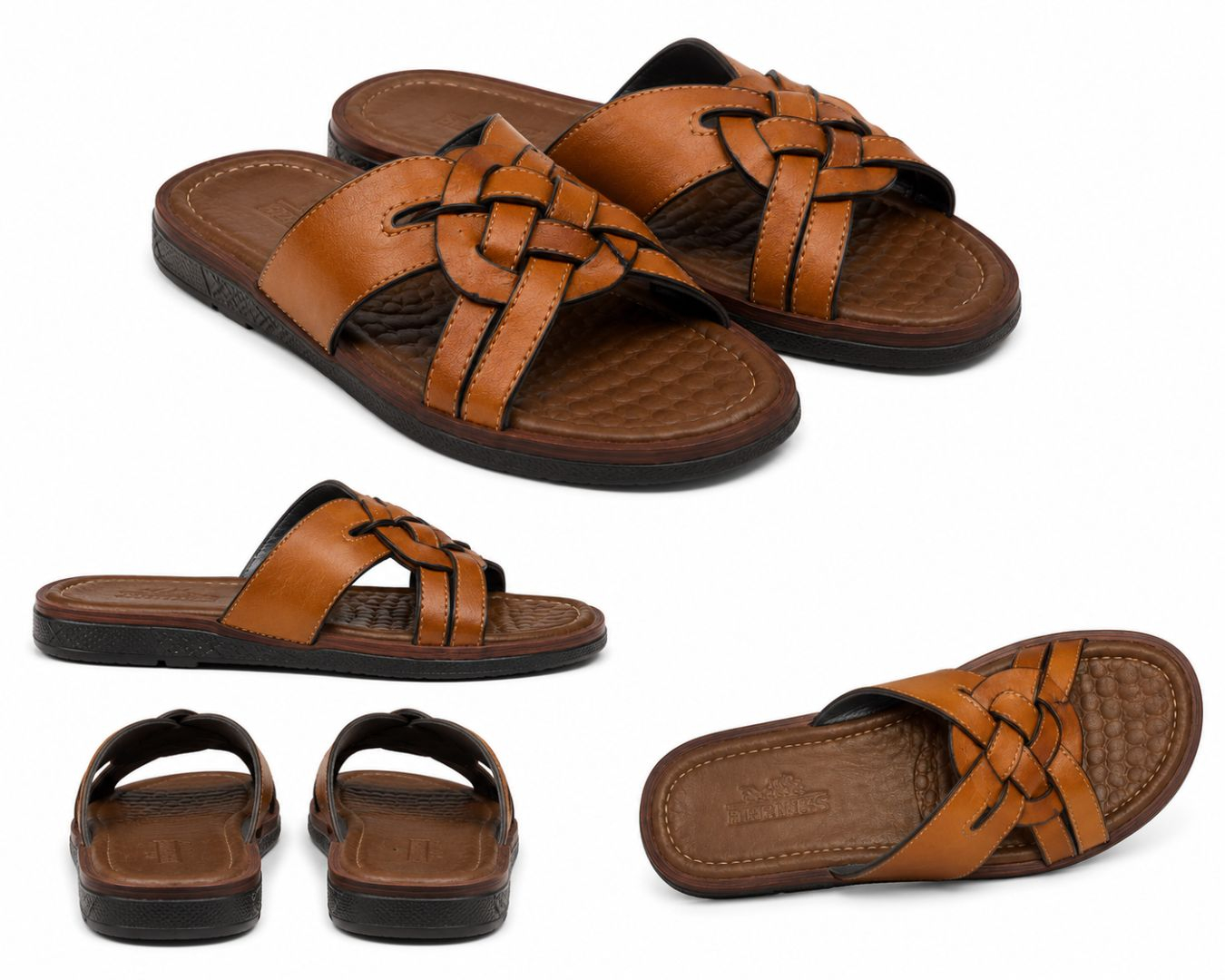 Mens Brown Woven Cross Strap Slide Sandals
