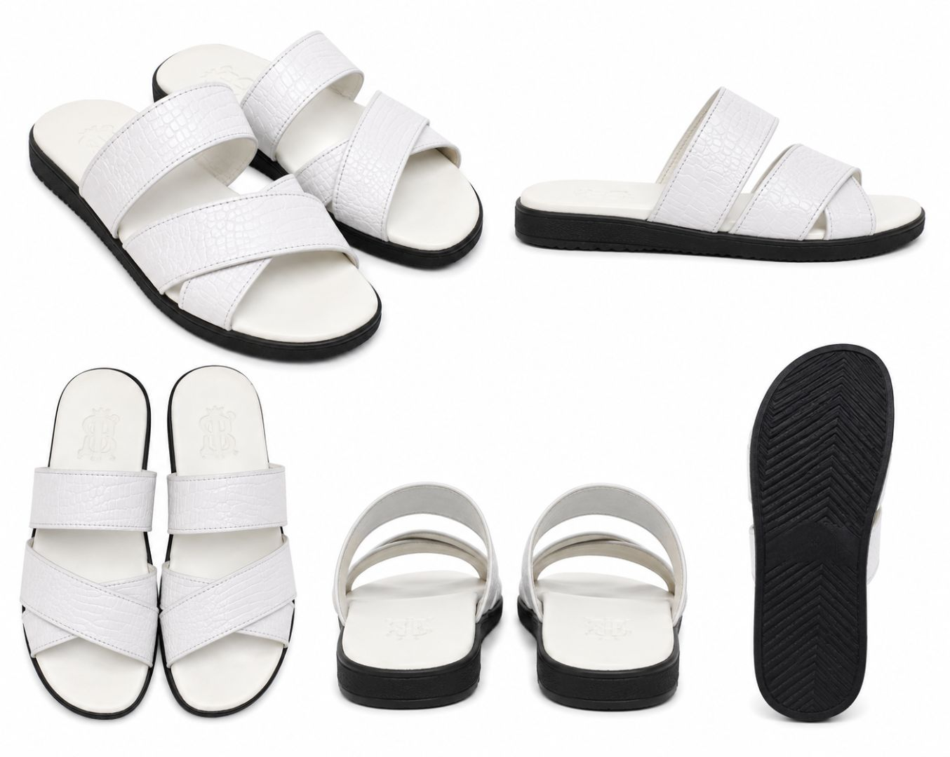 White Crocodilen Texture Double Cross Strap Slide Sandals