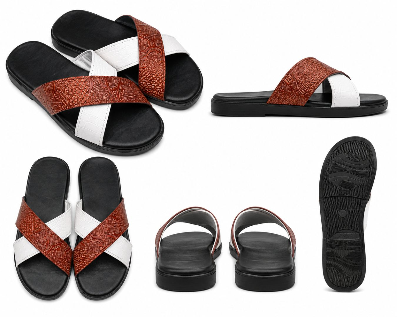 Mens Brown and White Cross Strap Slide Sandals