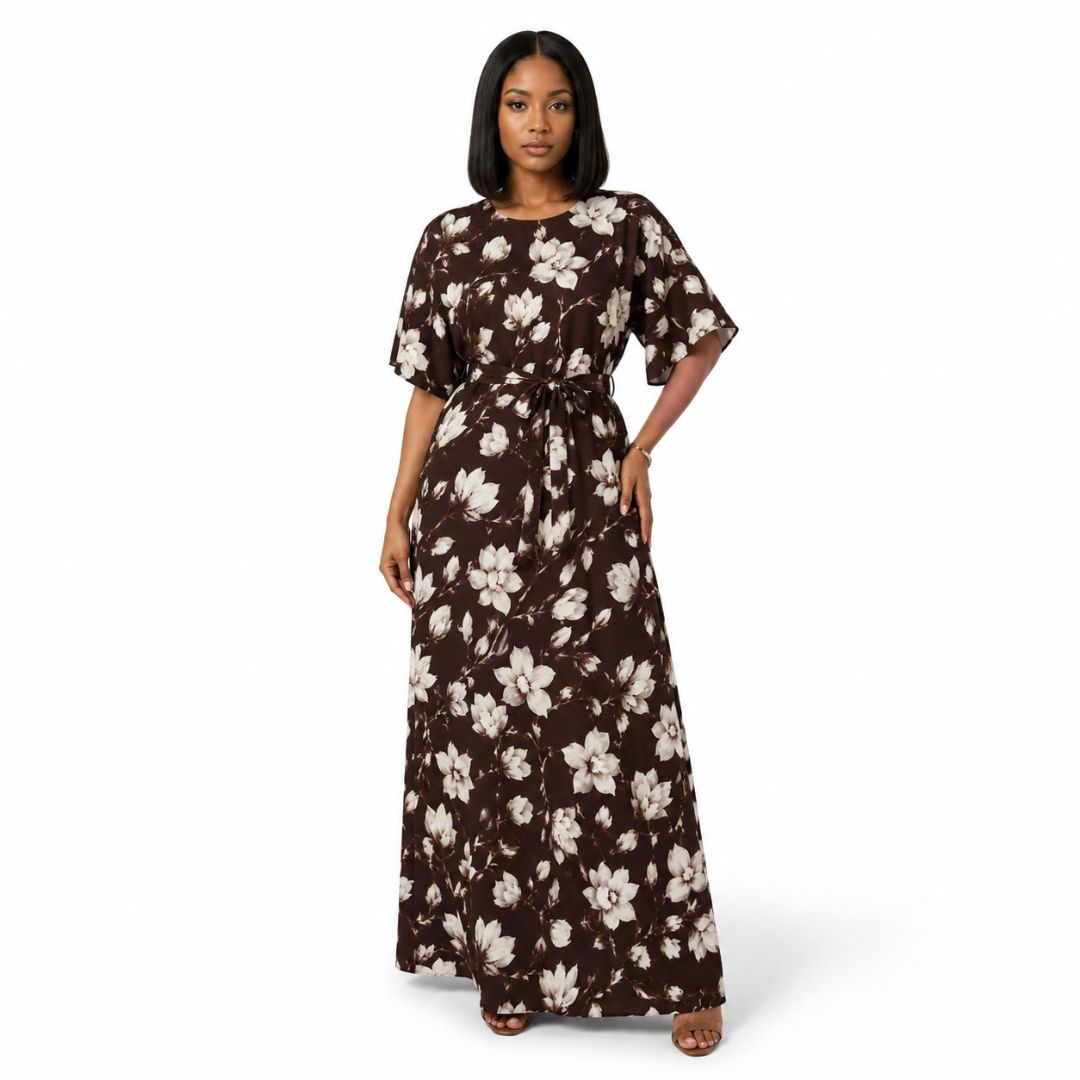 Premium Brown & White Floral Printed Fabric