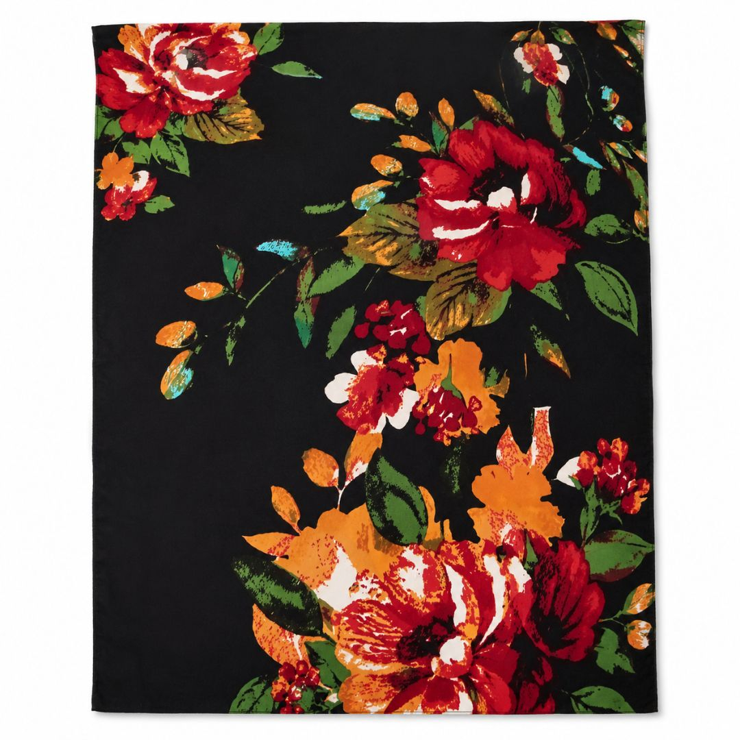 Vintage Sheet Material  Black Floral Print