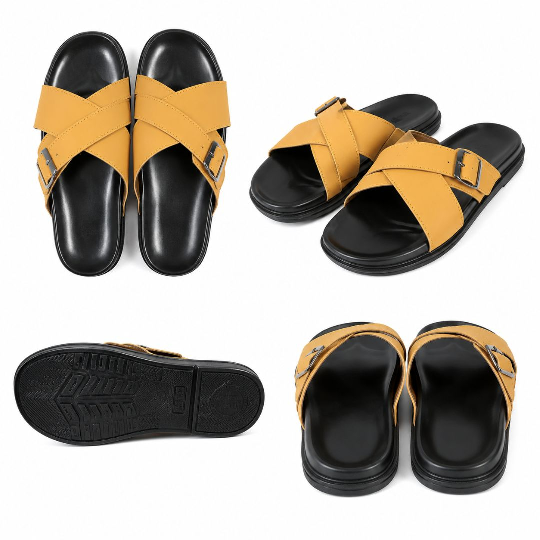 Mens Tan Cross Strap Slip On Comfort Sandals