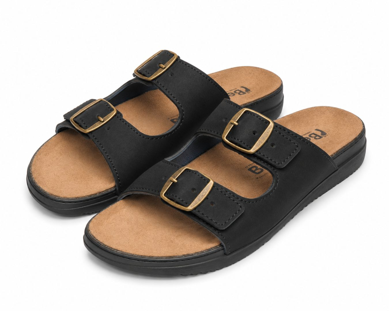 Mens Black Double Buckle Comfort Slide Sandals