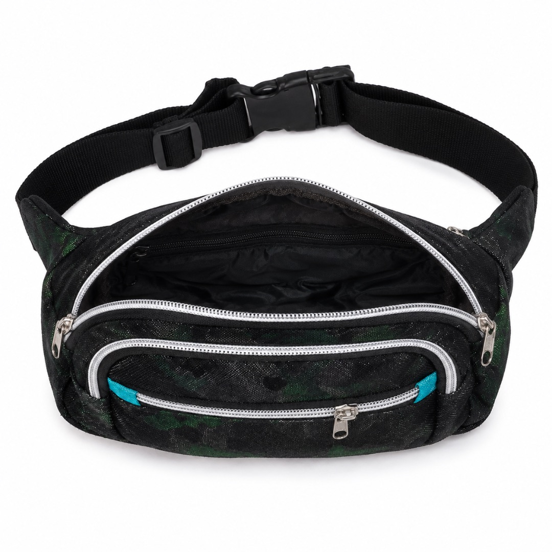 Premium Multi Zip Waist Bag     Black and Green Camouflage