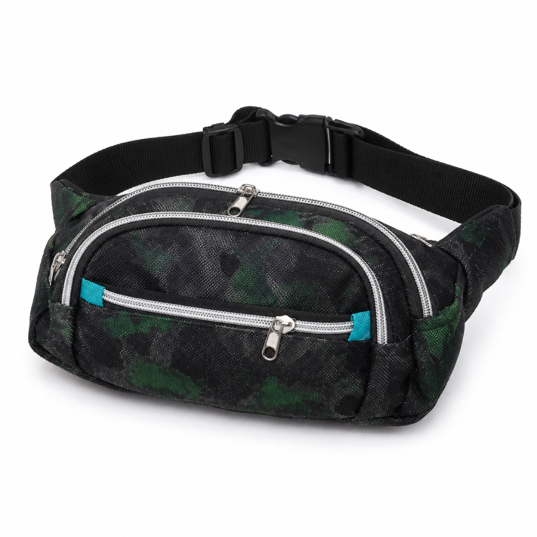 Premium Multi Zip Waist Bag     Black and Green Camouflage
