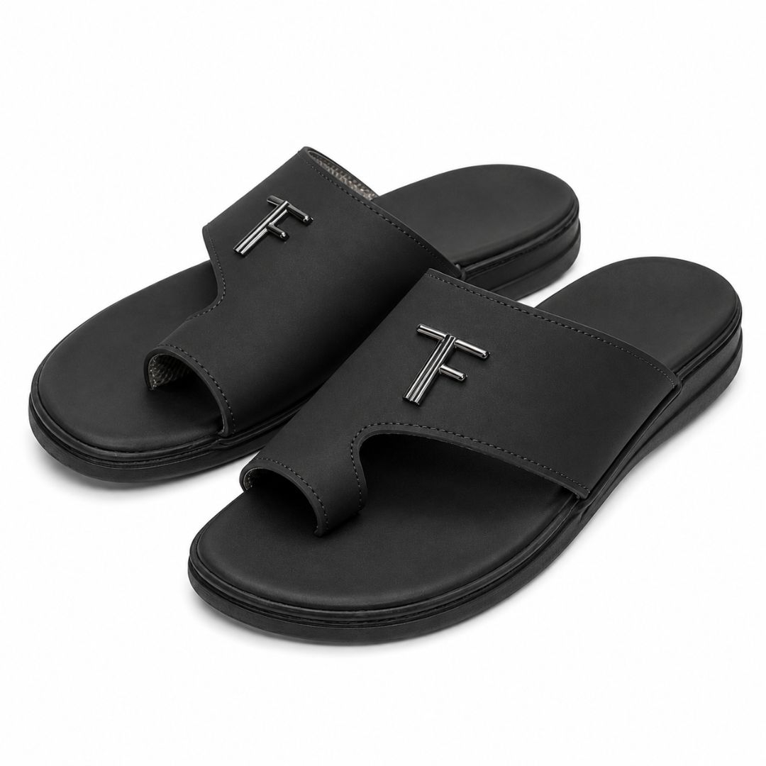 Mens Black Comfort Toe Loop Slide Sandals