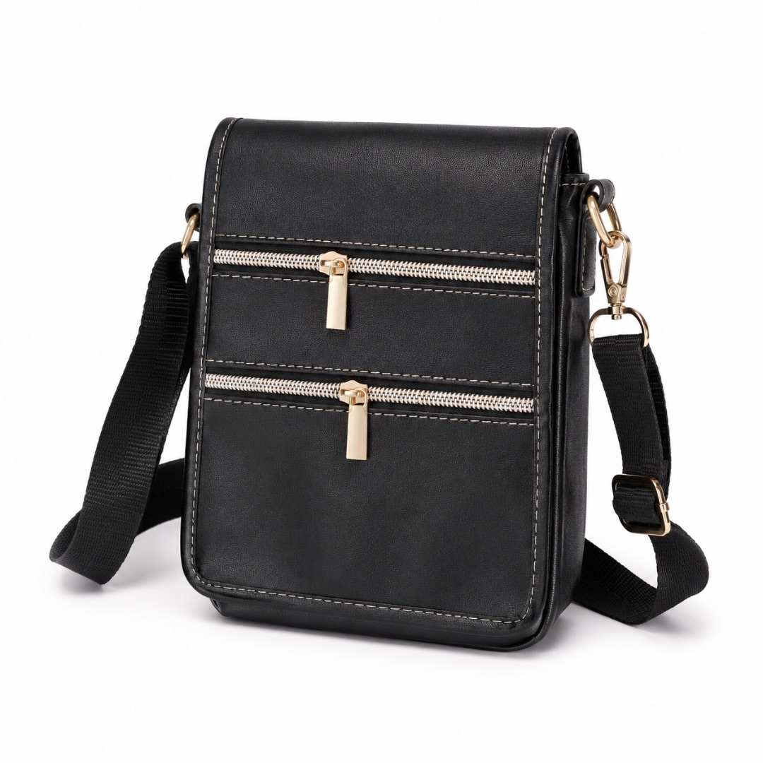 Premium Black Multi Zip Crossbody Messenger Bag
