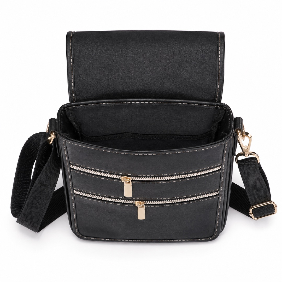 Premium Black Multi Zip Crossbody Messenger Bag