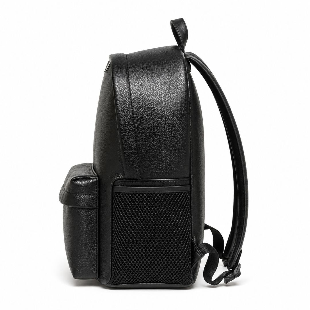 Unisex Sleek Black Embossed Monogram Backpack with Glossy Finish