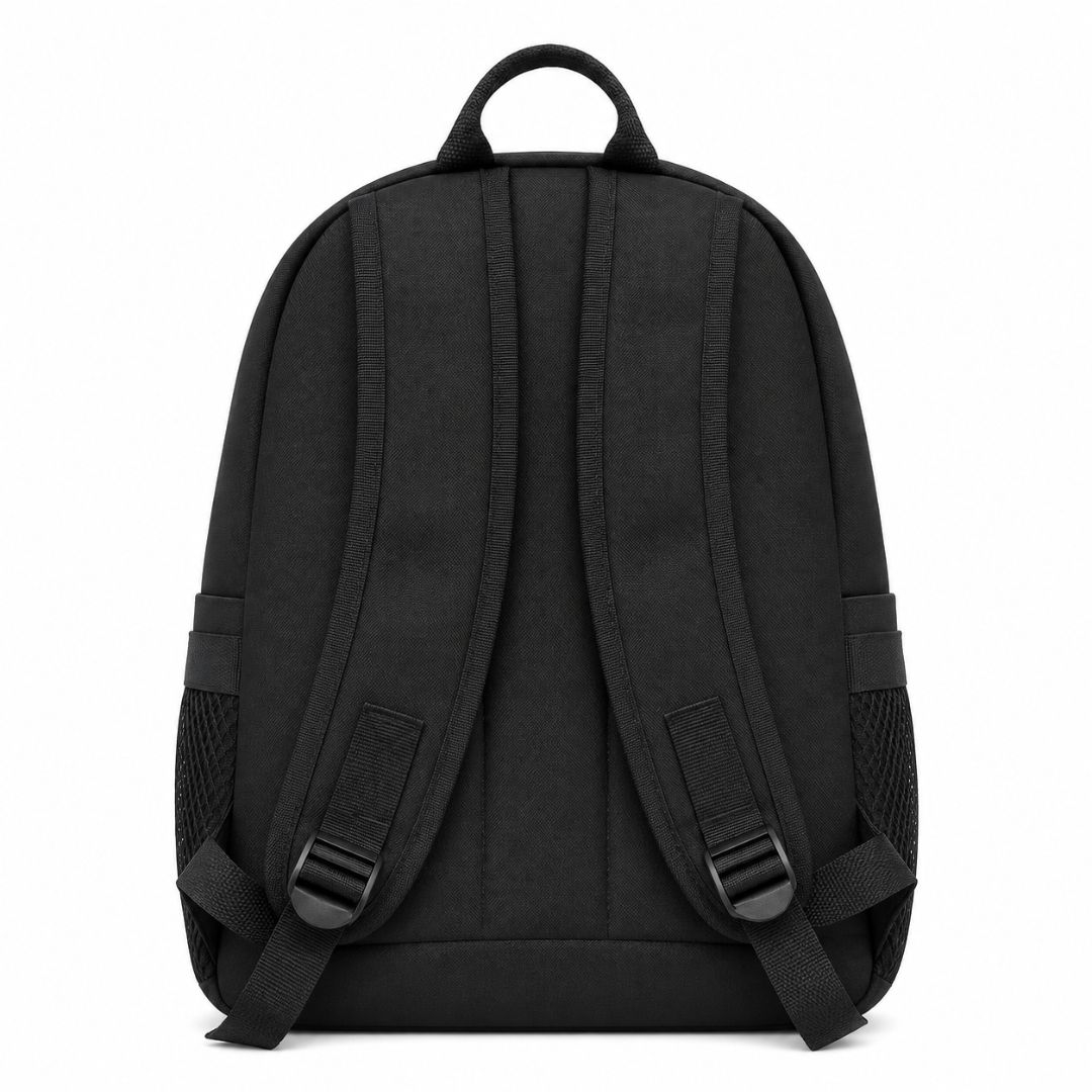 Unisex Black Padded Backpack with Geometric Design and Monogram Side Trim