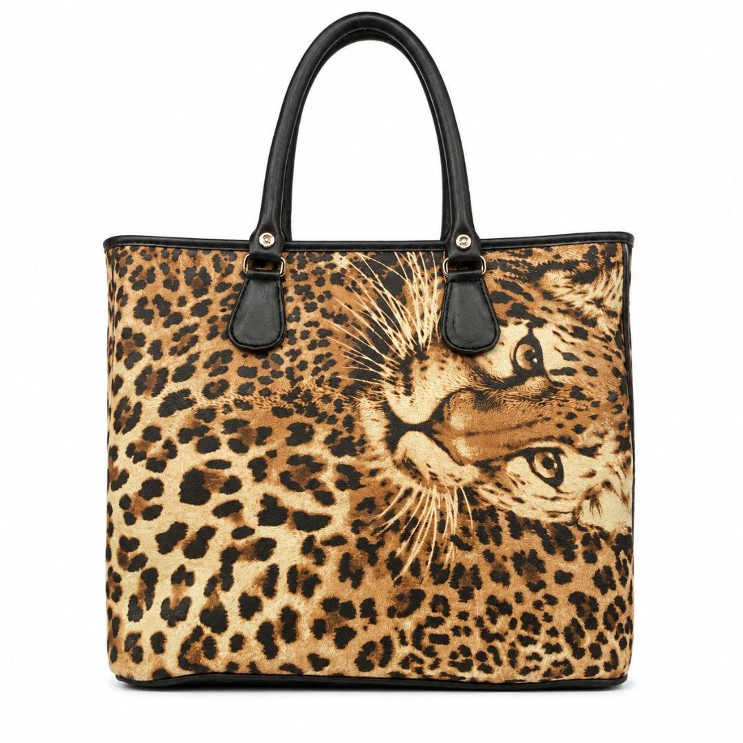 Leopard Print Leather Tote Handbag
