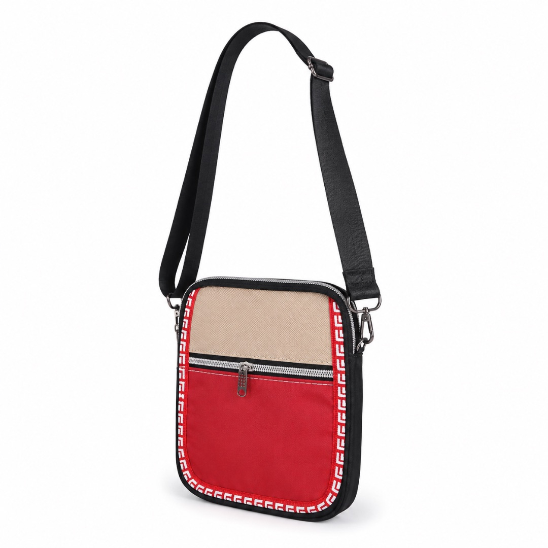 Premium Two Tone Canvas Crossbody Shoulder Bag      Beige and Red