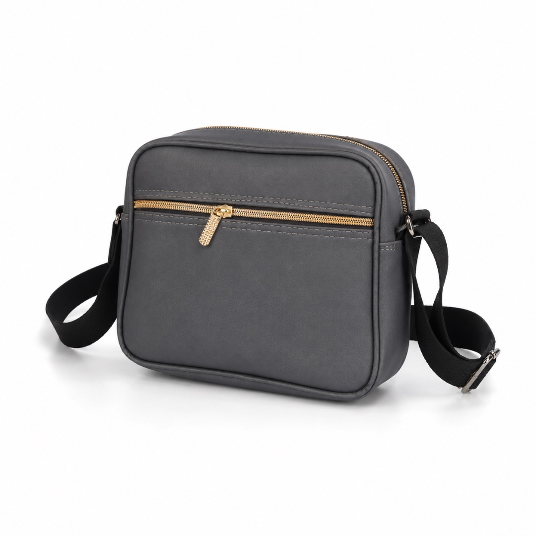Premium Grey Leather Crossbody Shoulder Bag    Gold Zip Edition