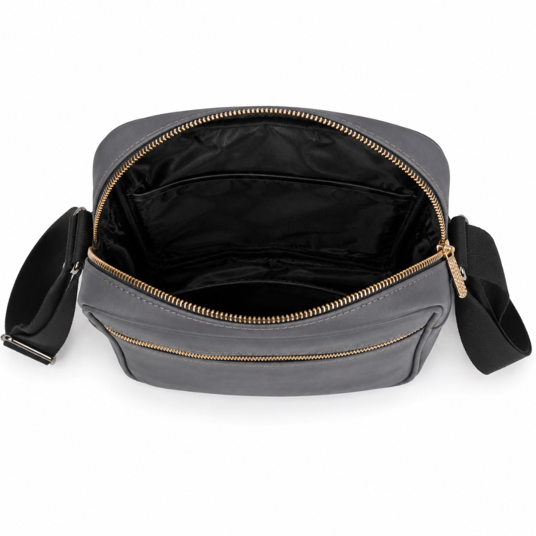 Premium Grey Leather Crossbody Shoulder Bag    Gold Zip Edition