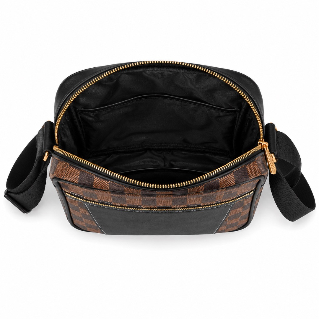 Premium Checkered Leather Crossbody Shoulder Bag      Brown and Black Gold Zip Edition