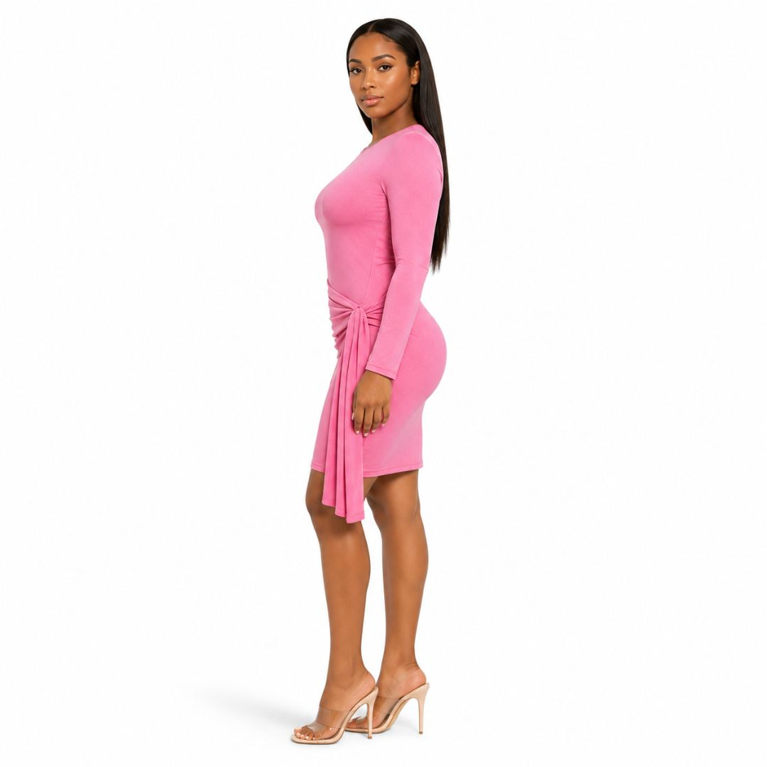 Pink LongSleeve Fitted Dress with Draped Detail