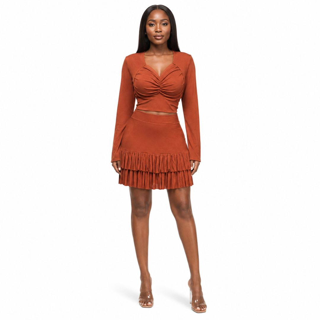 RustColored Long Sleeve Dress with Ruched Design