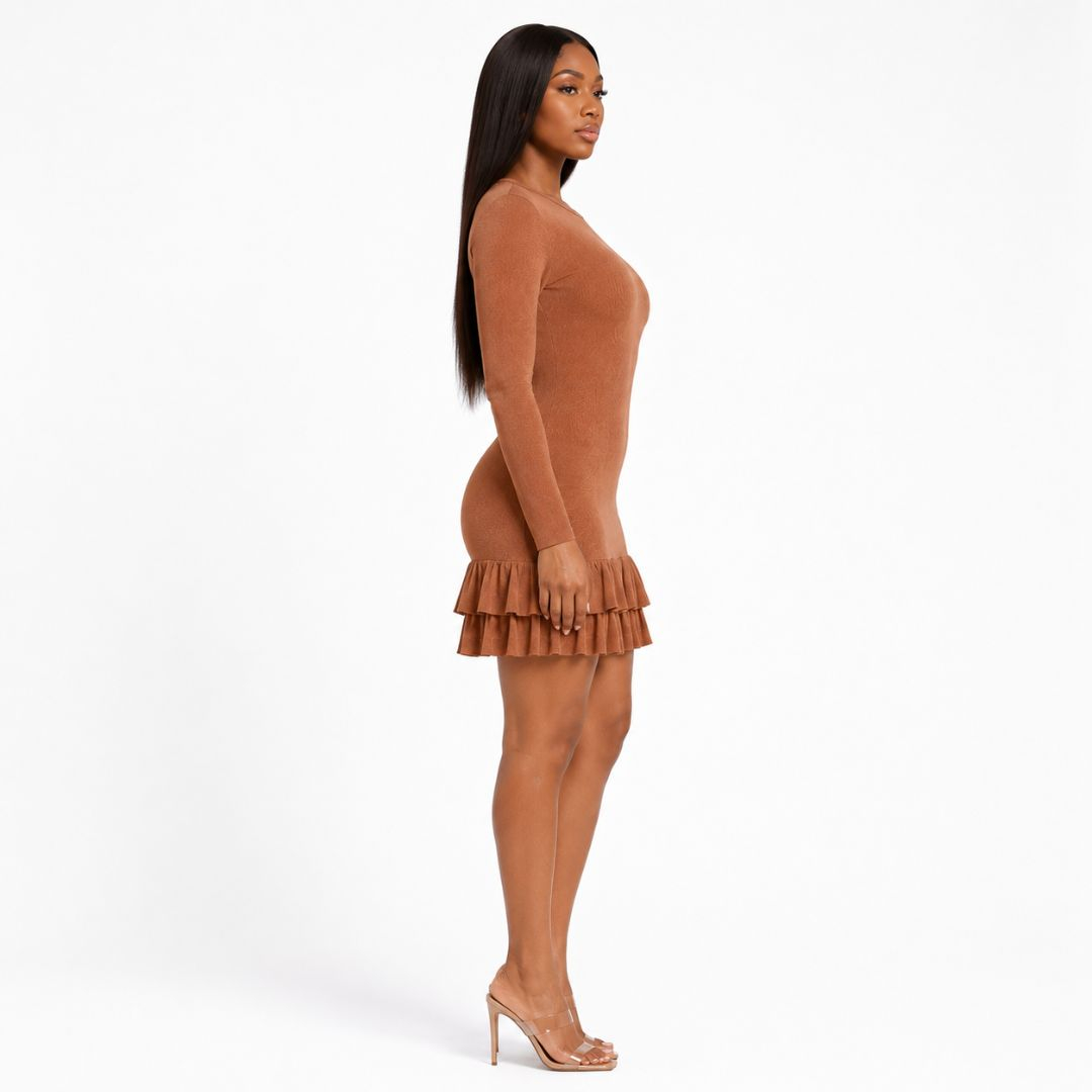 Bronze Long Sleeve Ruffle Hem Bodycon Mini Dress