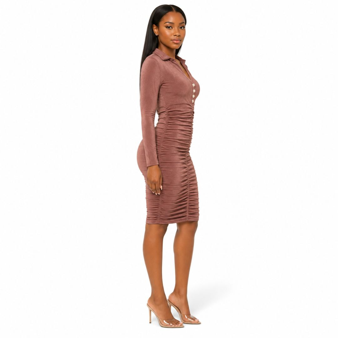 Mocha Ruched Button Detail Bodycon Midi Dress