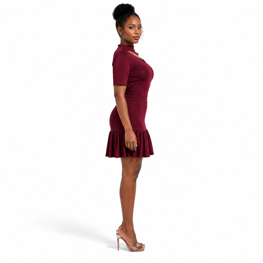 Wine Cut Out Ruffle Hem Mini Dress