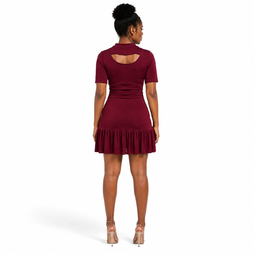 Wine Cut Out Ruffle Hem Mini Dress