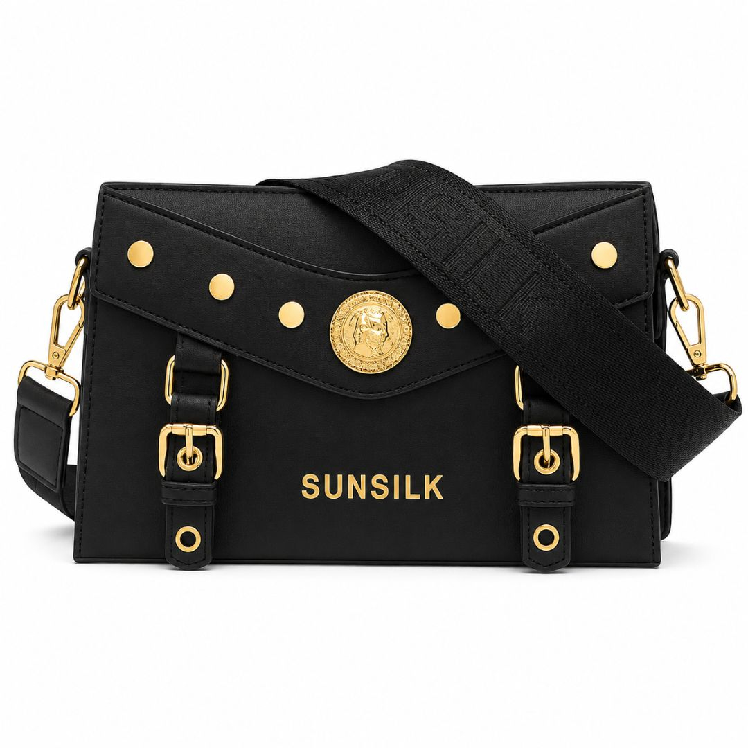 Black Leather Crossbody Messenger Bag with Adjustable Shoulder Strap