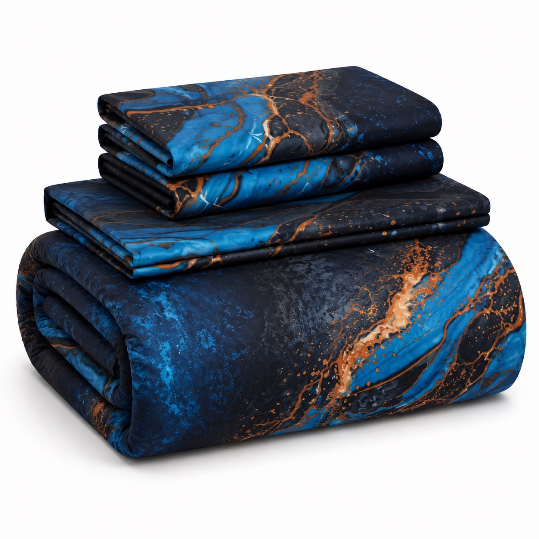 Premium Marble Print 4 by 6 Duvet Set        Blue Black and Gold