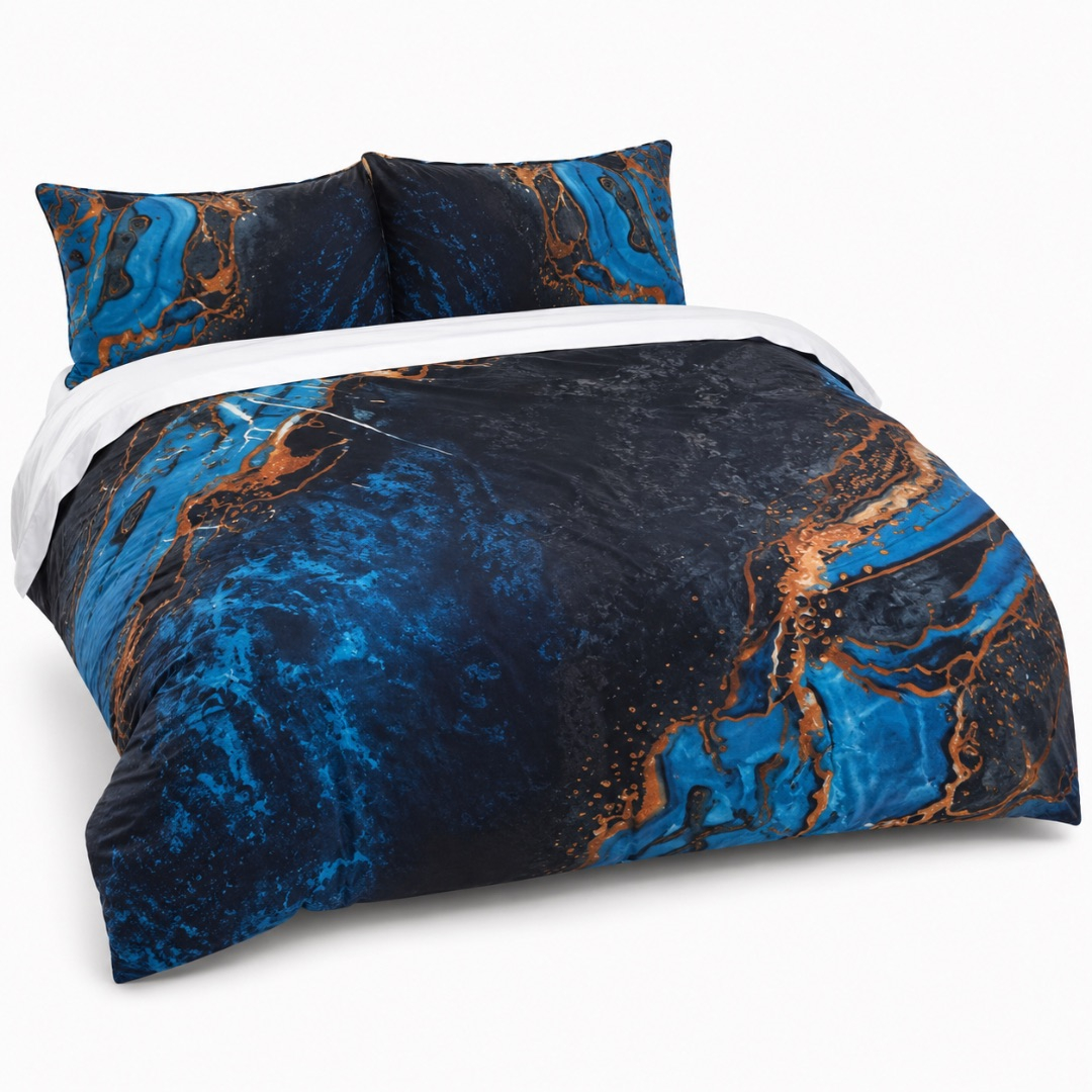 Premium Marble Print 4 by 6 Duvet Set        Blue Black and Gold