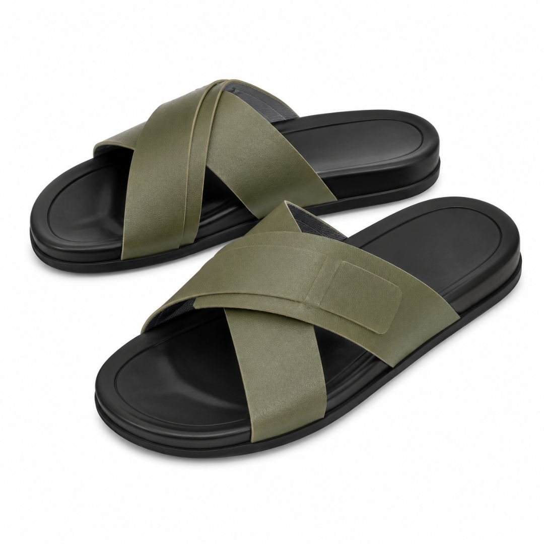 Mens Premium Army Green Cross Strap Slide Sandals