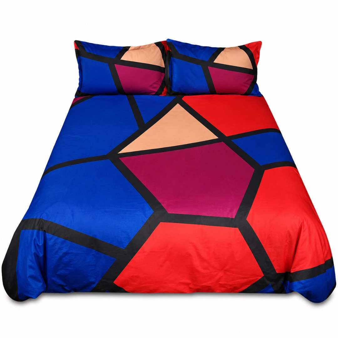 Premium 4 by 6 Bedsheet Set      Royal Blue Red and Black Geometric Design