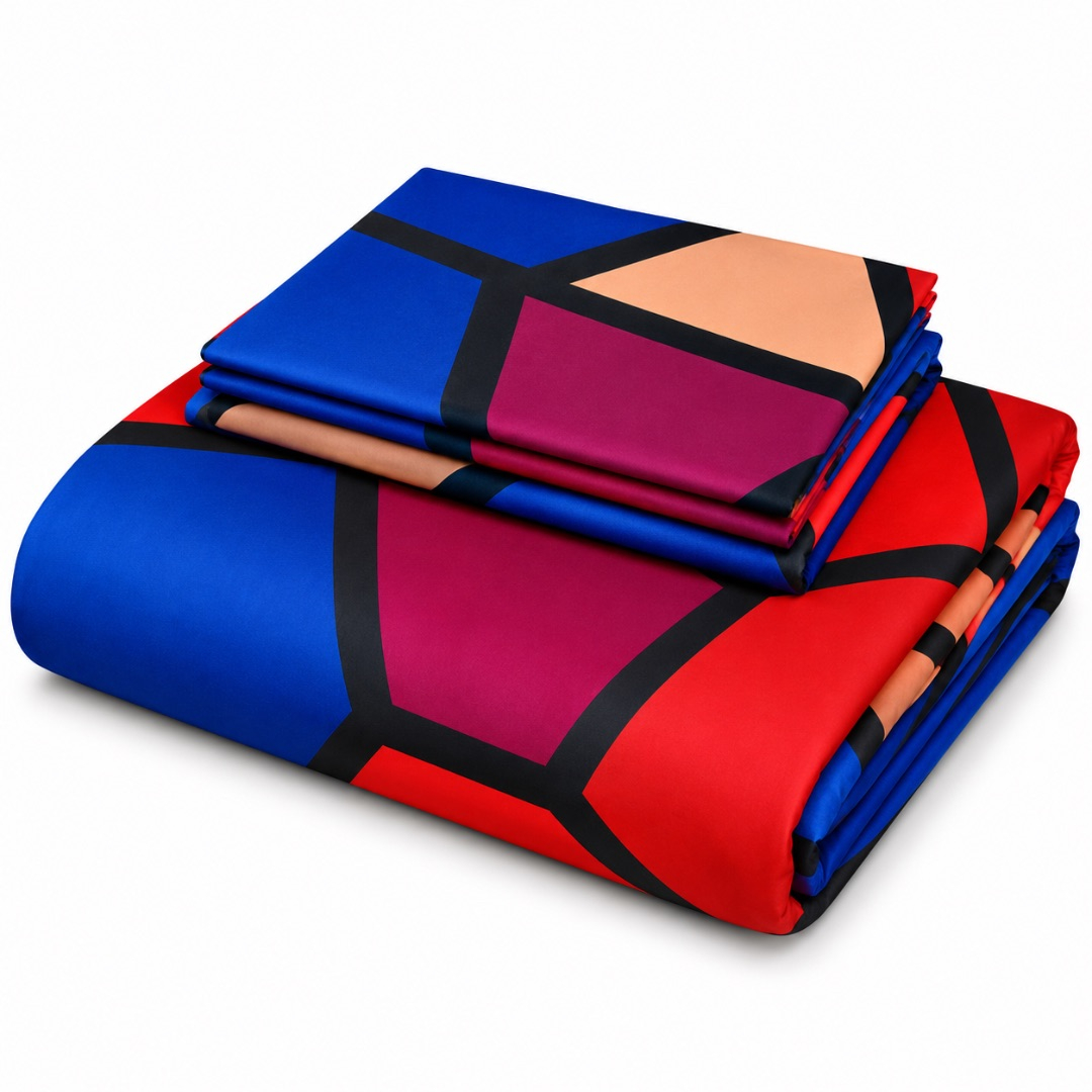 Premium 4 by 6 Bedsheet Set      Royal Blue Red and Black Geometric Design