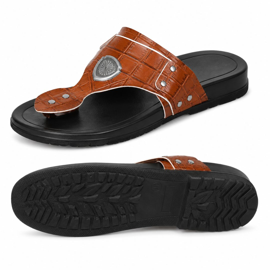 Mens Brown Crocodile Texture Toe Ring Leather Slide Sandals
