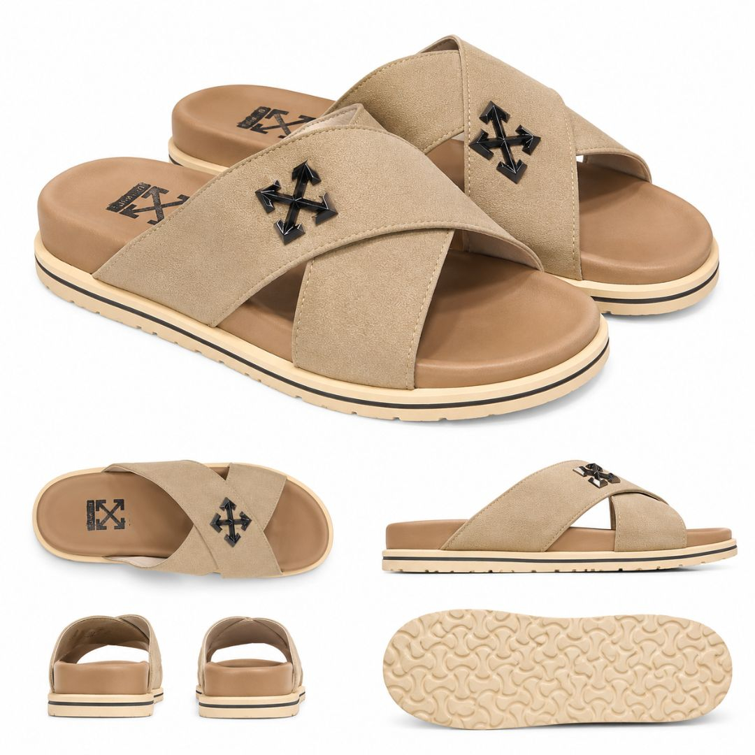 Mens Beige Slide Sandals with Cross Strap Design
