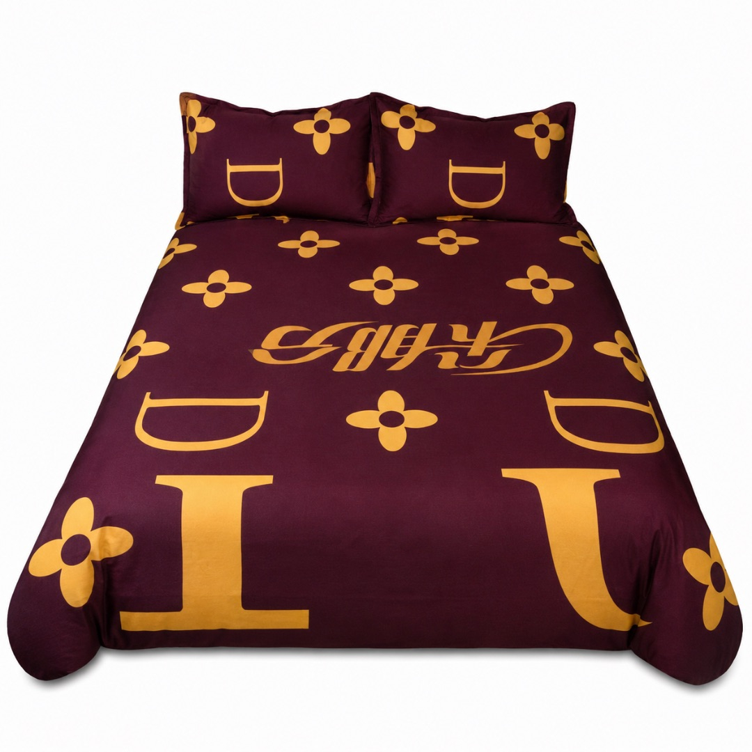 Premium 6 by 6 Bedsheet Set    Burgundy and Gold Floral Monogram Design