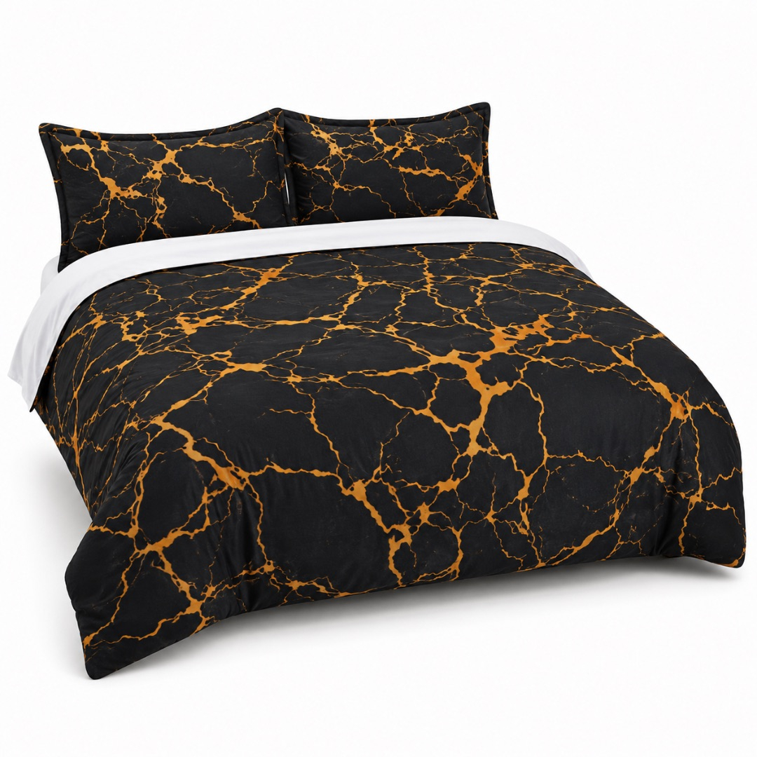 Premium 6 by 6 Marble Print Duvet Set    Black and Gold