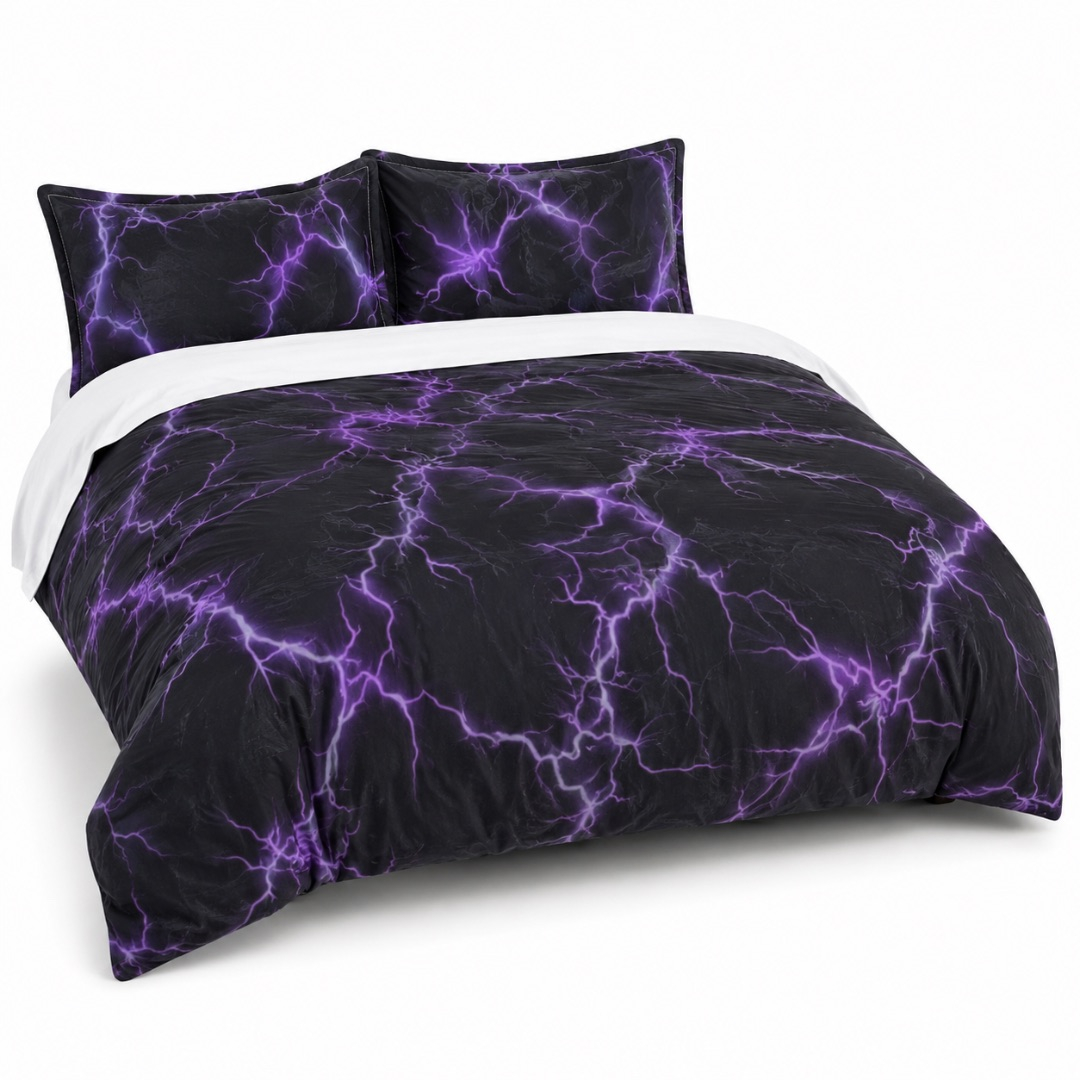 Premium 7 by 6 Lightning Print Duvet Set     Black and Purple