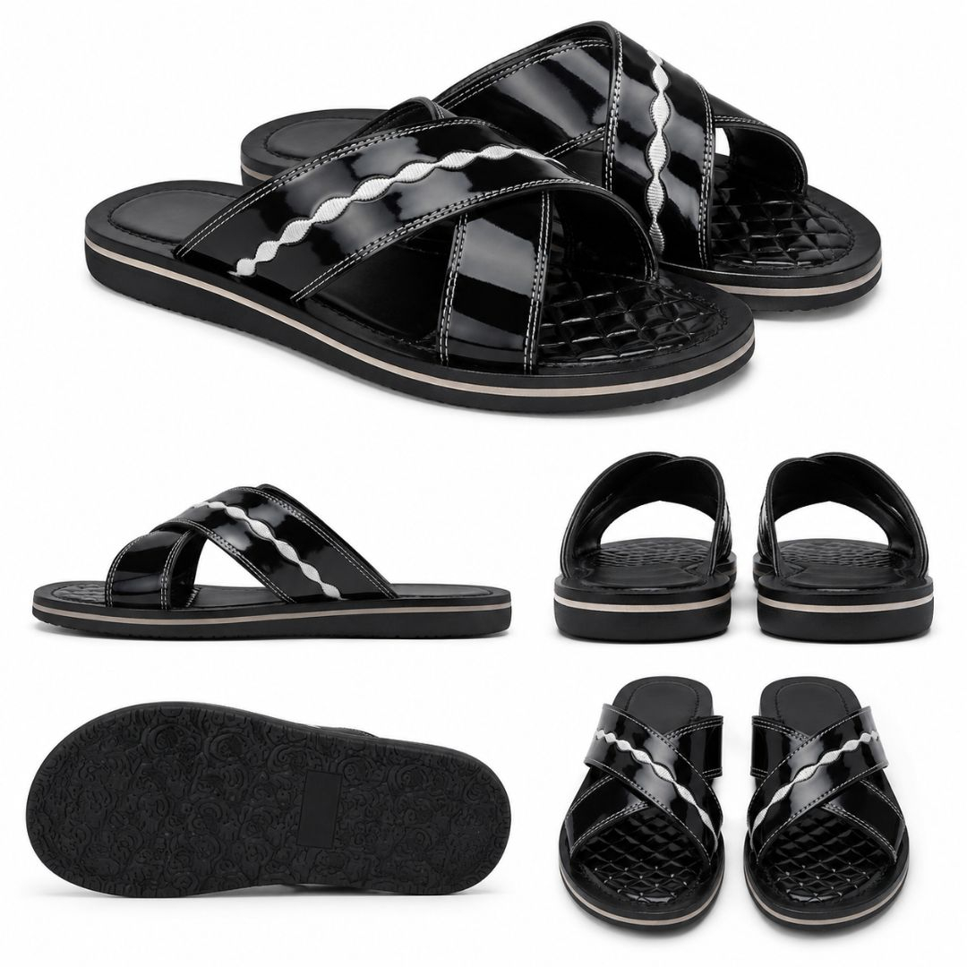 Mens Classic Black Glossy Cross Strap Slide Sandals