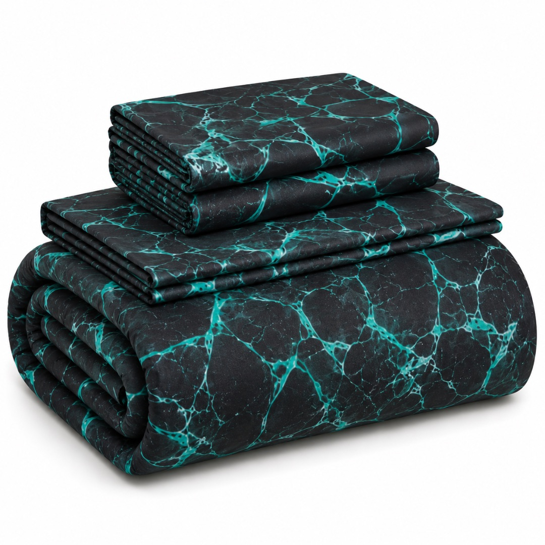 Premium 7 by 6 Marble Print Duvet Set     Black and Teal