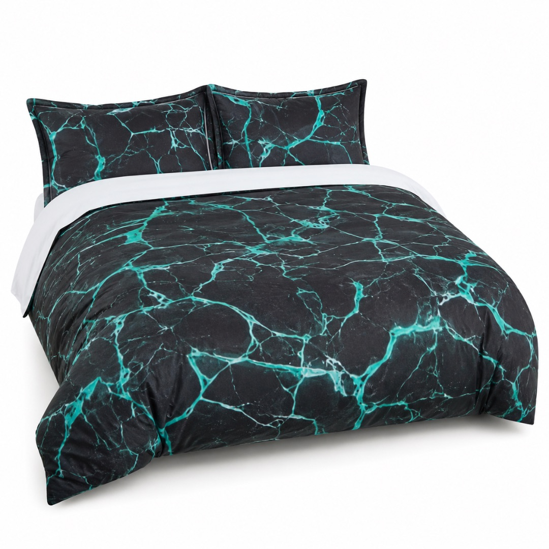 Premium 7 by 6 Marble Print Duvet Set     Black and Teal