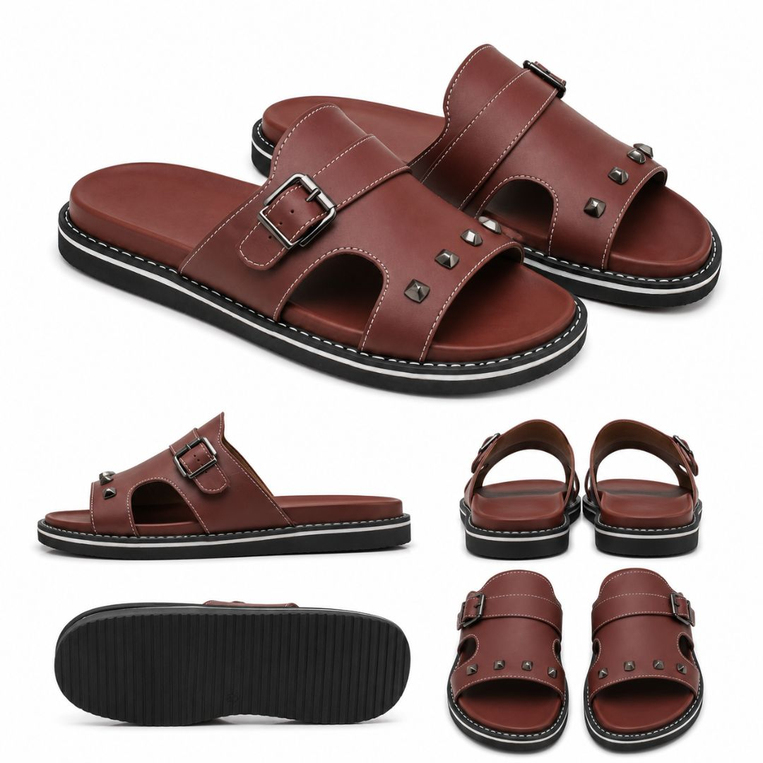 Mens Brown Buckle Slide Sandals