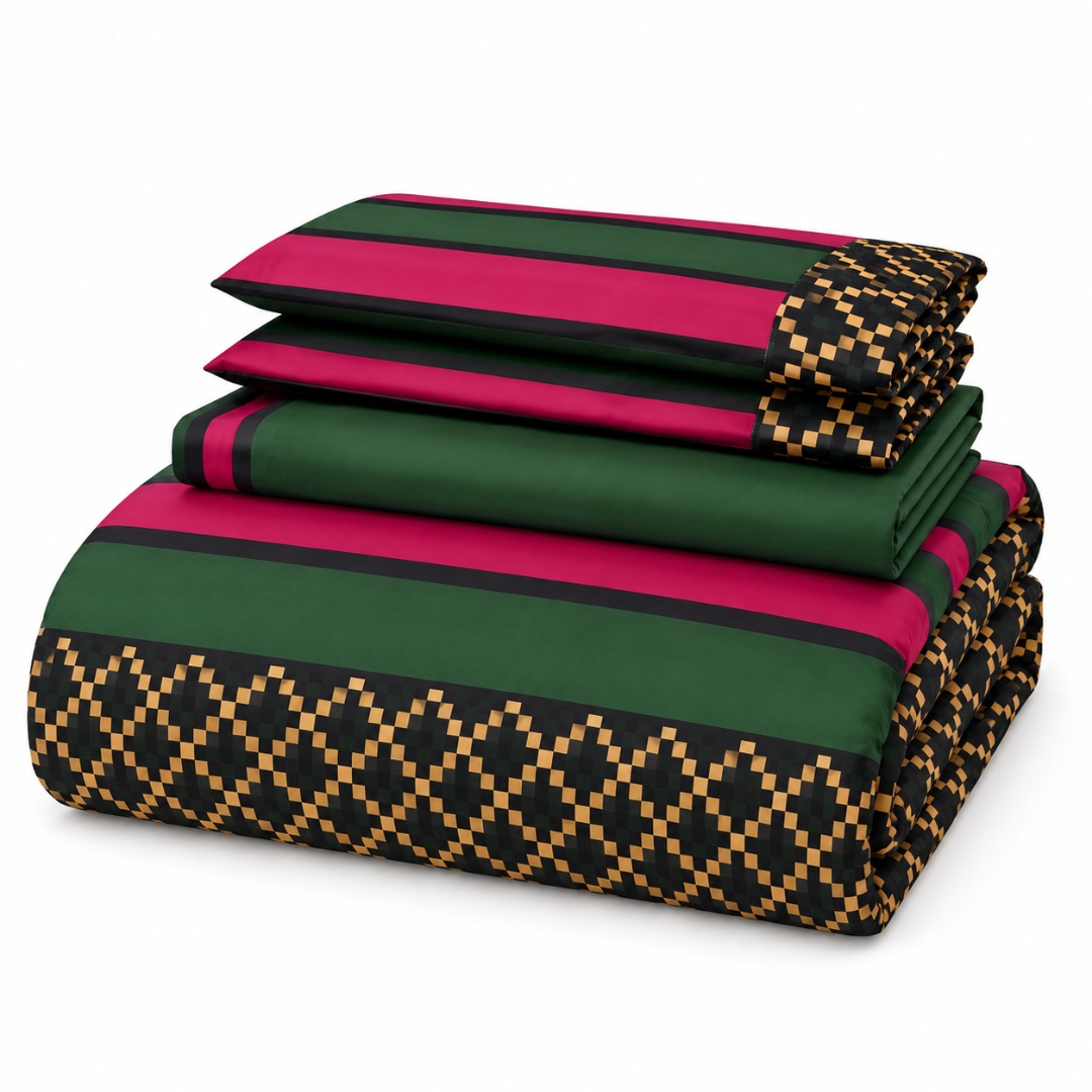 Premium 4 by 6 Designer Duvet Set     Green  Red and Black Checkerboard Design