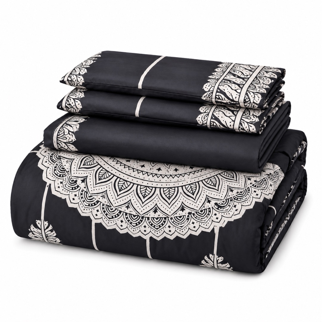Premium 7 by 6 Mandala Print Duvet Set     Black and White
